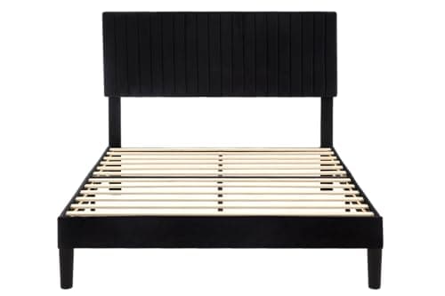 Allewie Queen Bed Frame, Velvet Upholstered Platform Bed with Vertical Channel Tufted Headboard, Mattress Foundation with Strong Wooden Slats, Box Spring Optional, Easy Assembly, Black 9