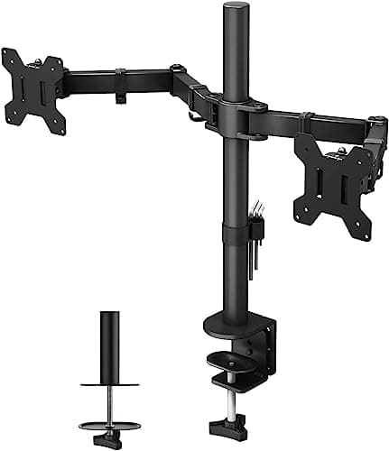BONTEC Dual Monitor Desk Mount, Full Motion Adjustable Monitor Stand for 13–27 Inch Screens, Heavy Duty Arms Hold Up to 22 lbs Each, VESA 75x75/100x100 mm, C Clamp and Grommet Base, Cable Management