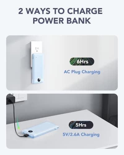 VRURC Portable Charger Built-in Cables and AC Wall Plug, USB C Power Bank 10000mAh, Travel Essentials Phone Charger Compact Lightweight External Battery Pack for Smart Phones, Tablets etc-Blue 5