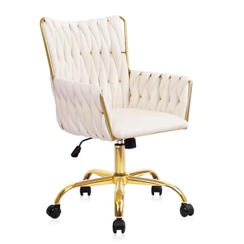 CLATINA Modern Velvet Comfy Make Up Vanity Chair, Cute Girl Armchair with Gold Base and Wheels, Heavy Duty High Back Ergonomic Swivel Desk Chair for Home Office Bedroom Dressing Living Room, White