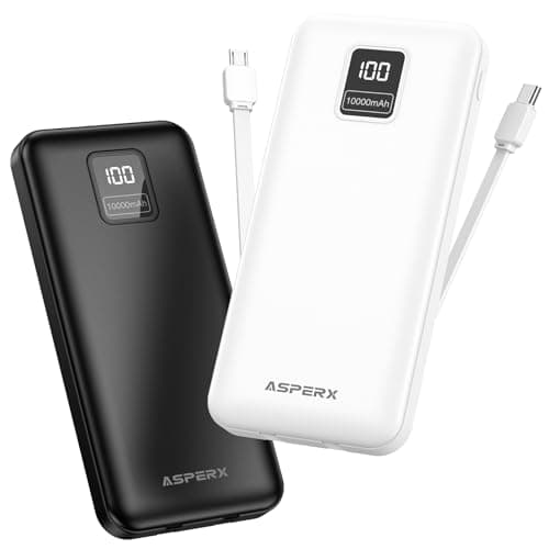 AsperX 2-Pack 10000mAh Portable Charger, USB C Power Bank Fast Charging with Built-in Cables, LED Display External Battery Pack for iPhone, Android, Google LG and Heated Vest