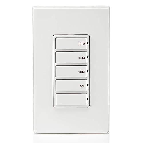 Leviton Countdown Timer Switch for bathroom fan and household lights, 5-10-15-30 min, No Neutral Required, Single Pole, 15A, 1/2 HP/9.8A Fan/Motor, DT130-1LW, White 12