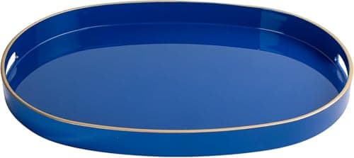 MAONAME Blue Decorative Tray, Oval Serving Tray with Handles, Plastic Trays for Coffee Table, Ottoman Trays for Living Room, Bathroom, 15.6" X 10.6" X 1.4"