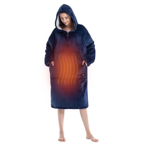 Heated Wearable Blanket Lazy Hoodie with Large Heating Area on Back Electric Heating Blanket Cozy Sherpa Sweatshirt Long Version Built-in Button