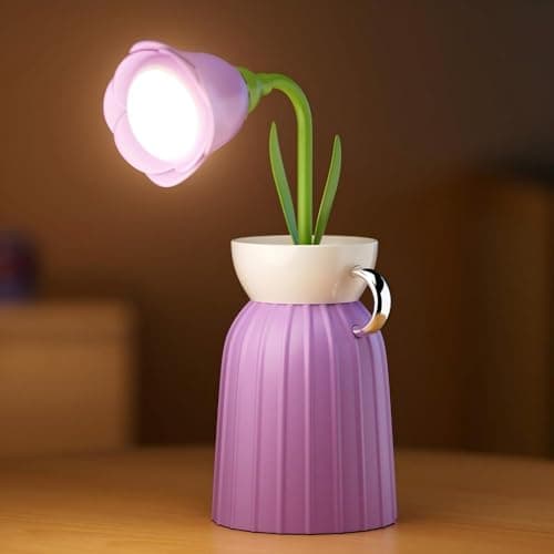 MARZIUS Rose Flower Desk Lamp - Infinite Dimming, Trichromatic Temperature, Rechargeable, Brightness Memory - Creative Decorative Ornaments with Adjustable Flowers (Purple)