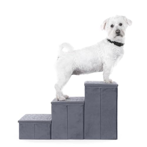 EASIFY Grey Pet Stairs for Small & Medium Dogs - Velour 3-Step for Bed & Couch