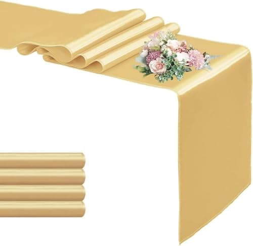 OQSC 5-Pack Satin Table Runner Light Gold 12 x 108 Inch Long Silk Satin Table Runners for Wedding,Graduations,Engagements,Birthday Party and Banquet Decoration（5 Pack, 12x108 Inch, Light Gold）