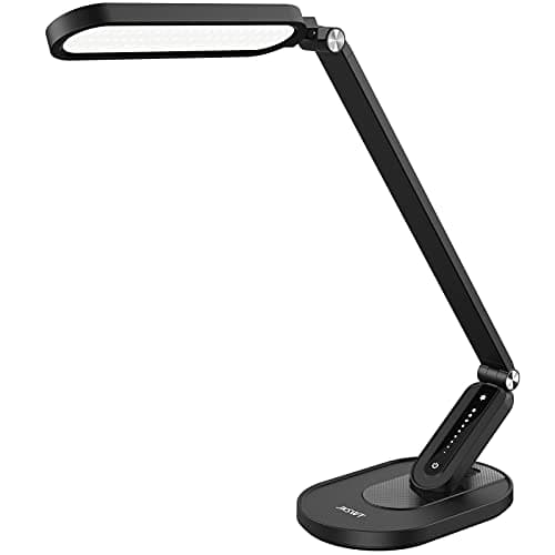 JKSWT LED Desk Lamp, Eye-Caring Table Lamps Natural Light Protects Eyes Dimmable Office Lamp with 5 Color Modes USB Charging Port Touch Control and Memory Function, 10W Reading Lamp,Black