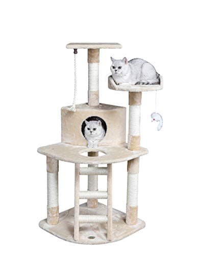 Go Pet Club 48" Corner Cat Tree Kitty Condo Kitten Tower Furniture with Multiple Scratching Posts, Sisal Covered Ladder, Plush Condo Platform, and Hanging Toy for Indoor Cats, Beige