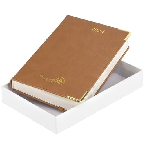 POPRUN Daily Planner 2024 One Page per Day with Vegan Leather Hardcover - Agenda 2024 Hourly Appointment Book with Monthly Tabs, Inner Pocket, 5.5" x 8.5", Brown