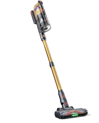 Cordless Vacuum Cleaner for Home, Upgraded 60Kpa Powerful Suction Pet Hair Vacuum with 70min Runtime, Green LED Light for Hardwood Floors & Carpet, Self-Standing Rechargeable Stick Vacuum, Grey Yellow