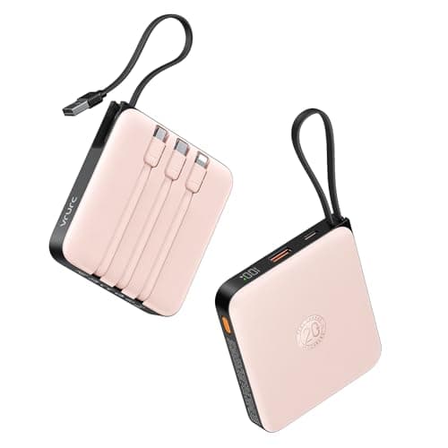 VRURC 20000mAh Power Bank Built-in Cables, Travel Essentials, Portable Charger 22.5W Fast Charging USB C Battery Pack, Phone Battery for iPhone 17 15 14 13 12 11 x Samsung Android Phone,Pink(1 Pack)