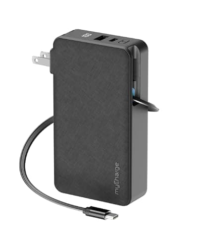 myCharge RetractaCharger 10000mAh Portable Charger Power Bank with 28-Inch Retractable USB-C Cable | Premium Fabric | Built-in Wall Plug | 30W PD Fast Charging | USB-C/A Ports | Digital Display