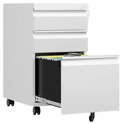 AFAIF 3 Drawer Mobile File Cabinet with Lock, Rolling File Cabinets for Home Office, Under Desk Small File Caninet on wheels, Metal Vertical White Filing Cabnet for Legal/Letter/A4 - Assembly Required