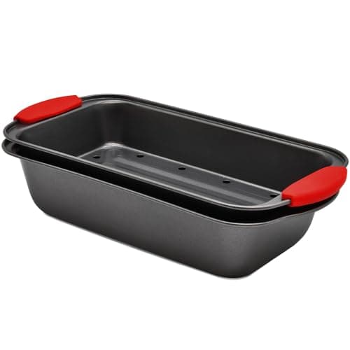 PERLLI Nonstick Meatloaf Pan with Drip Tray Insert – High-Carbon Steel Bakeware with Silicone Grips – Ideal for Baking Bread, Cake, and Roasting Meat in the Oven - 2-Piece Set