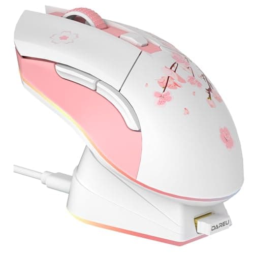 DAREU Sakura Pink Wireless Gaming Mouse with Charging Dock Rechargeable RGB,12K DPI,6 Programmable Buttons High-Precision Sensor [300IPS] [1000Hz] for PC Notebook Mac