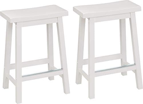 Amazon Basics Solid Wood Saddle-Seat Counter Height Bar Stools for Kitchen Island with Footrest, Sturdy Construction, 24-Inch Height, White, Set of 2