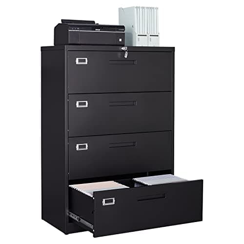 SISESOL 4 Drawer Lateral File Cabinet with Lock,Black Lateral Filing Cabinet,Horizontal Metal Filing Cabinet,Locked Wide Four Drawer File Cabinet for Office Home,Fit A4/F4/Letter/Legal File
