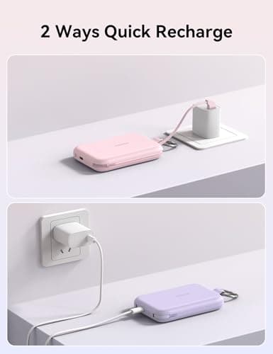RORRY Portable Charger, 10000mAh PD 30W Fast Charging Portable Charger Power Bank with Built-in Cables, Travel Keychain Charger Battery Pack for iPhone 17/16/15/14/13/12, for AirPods 2/3/4/Pro, Pink 8