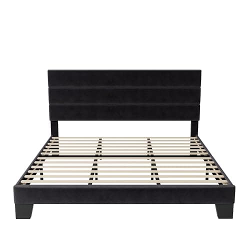 Allewie King Size Platform Bed Frame with Velvet Upholstered Headboard and Wooden Slats Support, Fully Upholstered Mattress Foundation/No Box Spring Needed/Easy Assembly, Black 8
