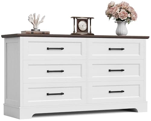 Furmax Farmhouse Dresser for Bedroom, 6 Drawers Dresser, Wood Chest of Drawers, 52" Wide Storage Dressers Organizer for Bedroom, Living Room, White and Brown