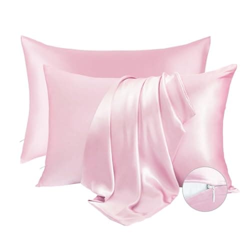 Satin Zippered Pillowcase– Soft Satin Pillow Cases with Zipper for Hair and Skin, Cooling Pillow Case (2, Pink, Standard)