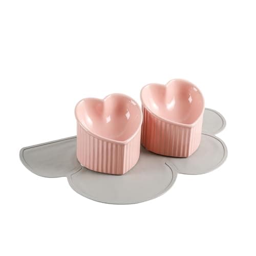 Tall Cat Food Bowl Set - Double-Tilted Design with Non-Slip mat - Ceramic Set - Cute Wide-Mouth Feeding Bowl to Protect Whiskers - Anti-spit-Out Bowl - Pink & Pink