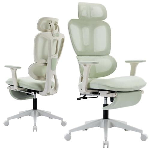 Ergonomic Office Chair with Footrest, High Back Computer Office Chair with Dynamic Lumbar Support, 2D Headrest, 2D Armrest, Sponge Seat, Mesh Home Office Desk Chair for Adults, Green