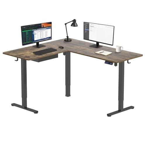 Mount-It! L Shaped Standing Desk 63" - Large Electric Corner Standing Desk, Height Adjustable Dual Motor Raises from 28.3" to 46.5", 3 Memory Settings, Black Steel Frame, Rustic Wood Tabletop