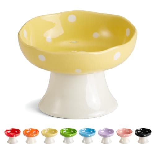 Ceramic Elevated Cat Bowls, Tilted Raised Pet Dish Anti Vomit Kitten Bowl for Indoor Cats, Whisker Friendly Pet Food and Water Bowl for Kitten, Cat, Puppies, Dishwasher Safe (Yellow)
