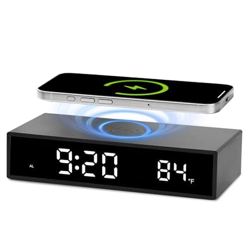 Digital LED Alarm Clock with Wireless Charging, 15W Fast Wireless Charger for Smart Phone for iPhone/Samsung, NightTime Mode Adjustable Brightness Snooze, Clock for Bedroom, Living Room, Office, Black