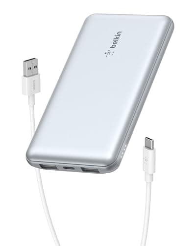 Belkin Portable Charger, USB C Power Bank 10,000mAh w/ 2xUSB-A Ports, 15W w/Type-C to Type-A Cable for iPhone 17, Air, Samsung Galaxy S25, iPad, Nintendo Switch 2, Google Pixel 10, etc. - Pearl Blue
