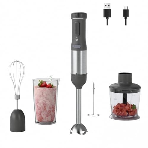 WHUTO Cordless Immersion Hand Blender, 5-in-1 Variable Speed blender handheld,Rechargeable with 2000mAh Battery, BPA-Free & Dishwasher-Safe Accessories:700ml Beaker,Chopper,Whisk & Milk Frother,Grey
