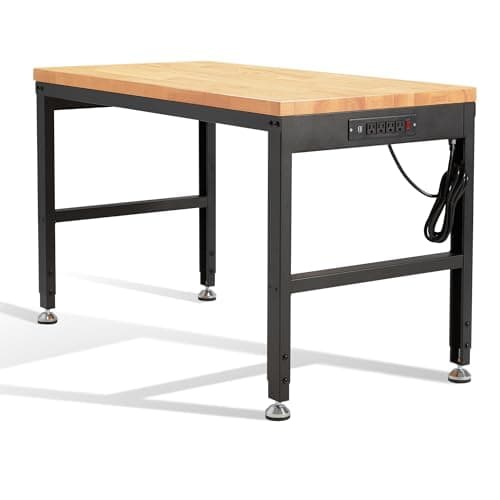 HABUTWAY Height Adjustable Workbench 48"x 24" 2000 Lbs Capacity Solid Wood Work Station Heavy-Duty Work Tables with Power Outlets for Garage Party Shop Office