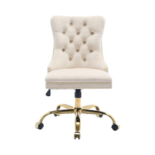Beige Velvet Home Office Desk Chair with Wheels & Gold Base, Cute Makeup Vanity Chair with Tufted Back for Women Girls, Upholstered Adjustable Swivel Armless Office Chair for Bedroom, Beige