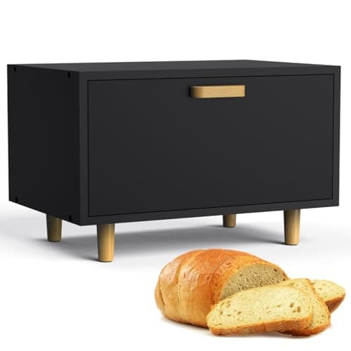 LOHASOK Large Farmhouse Bread Box for Kitchen Countertop - Container With Metal Door - Black Bamboo Holder