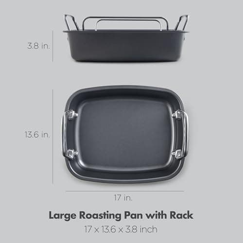 Absorated Roasting Pan with Rack - 17x13.6 Inch Large Turkey Roaster Pan - Double Ply Non-Stick Coated Turkey Pan for Oven - Hold Up to 24 Lbs Chicken, Gray 5