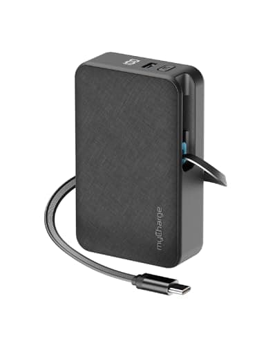 myCharge RetractaCharger 5000mAh Portable Charger Power Bank with 28-Inch Retractable USB-C Cable | Premium Fabric | Built-in USB-C Port | Digital Display
