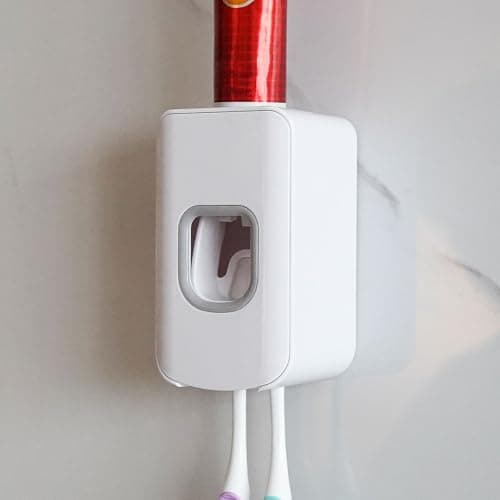 2 Slot Toothbrush Holder and Toothpaste Dispenser Wall Mounted, Automatic Toothpaste Squeezer, 2 in 1 Tooth Brush Toothpaste Organizer for Shower (White)