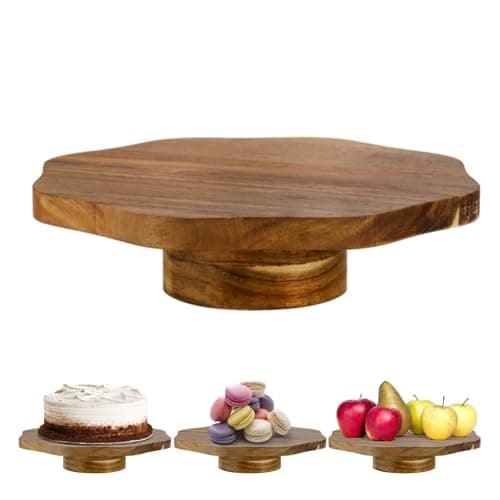 Mezchi Acacia Wood Cake Stand, Rustic Wooden Pedestal for 12 Inch Cake, Slice Dessert Wedding Platter Display Stand Cupcake, Baby Shower, Birthday, Grain Pattern Brown