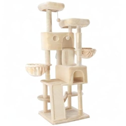 SHA CERLIN 65in Larger Cat Tree Tower Condo for Indoor Kitties/Multi-Level Furniture Activity Center with Wide Base/Cozy Plush Cat Perches/Baskets/Sisal Scratching Posts and Hammock/Beige 10