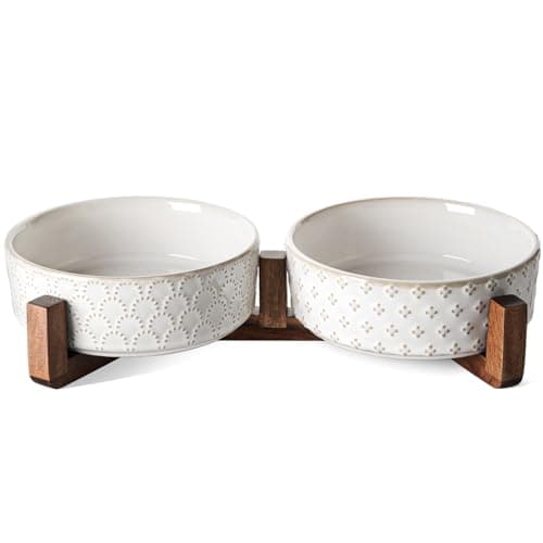 LE TAUCI Dog Bowl Set with Acacia Wood Stand - 1.5-Cup Ceramic Puppy Bowls for Small Dogs, Dual Food and Water Bowls with Weighted Non-Slip Base