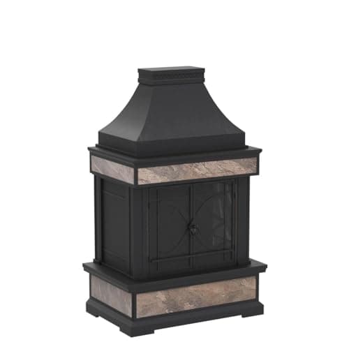 Sunjoy Outdoor Fireplace, Heirloom Patio Wood Burning Steel Fireplace with Chimney, Spark Screen, Fire Poker, and Removable Grate, Black 5