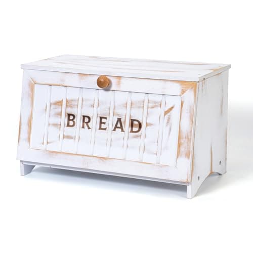 DAOYOUSKY Bamboo Bread Box for Kitchen Countertop, White Vintage Wooden Counter Breadbox, Single Layer Rustic Wood Large Capacity Bread Storage Container Bin
