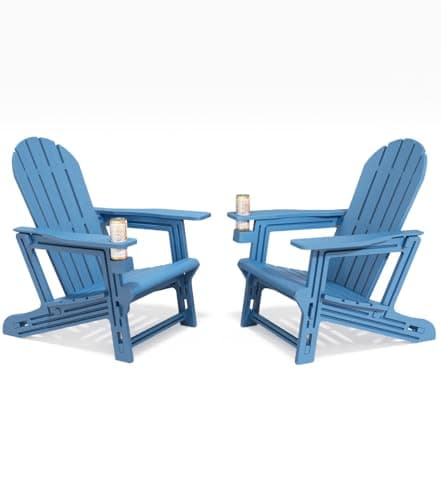 Orbotots Adirondack Chairs Set of 2, Tool-Free Assembly All-Weather Plastic Adirondack Chairs, HDPE Fire Pit Chairs with Cup Holder, Outdoor Chair for Patio Garden (Blue)