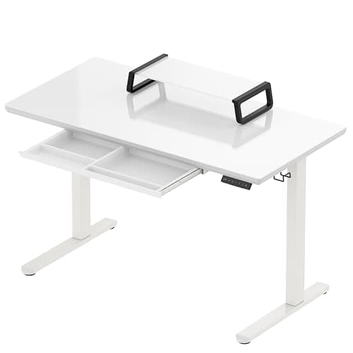 SHW 48x24 Glass Electric Height Adjustable Standing Desk – Motorized Sit Stand Desk with Monitor Riser, Pull-Out Drawer, Memory Presets, White 6