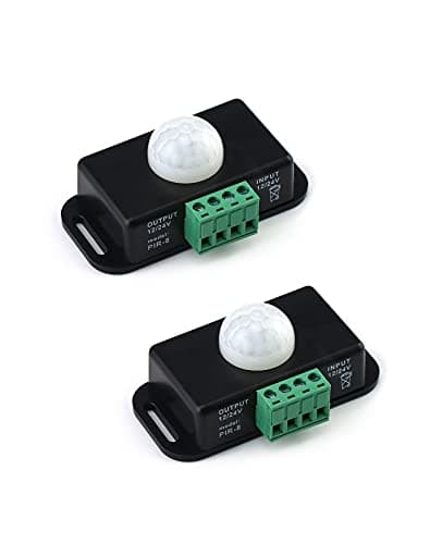 QWORK Motion Sensor LED Switch (2 Pack), 12-24V, 6A, Adjustable Delay Time, 5-8M Induction Distance, 60° Field of View, for LED Strip Lighting, Wall Mount, 3"