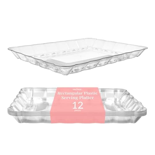 Prestee 12-Pack Serving Tray - 9x13 Inches Disposable Rectangular Plastic Food Tray for Parties and Events - Clear Platters for Dessert Table Displays, Appetizers, Snacks, and More