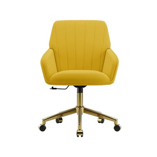 YISHENG Velvet Office Desk Chair with Gold Base, with Wheels,Modern Height Adjustable 360 Degree Swivel Upholstered Vanity Chairs with Arms for Living Room Bedroom.Yellow