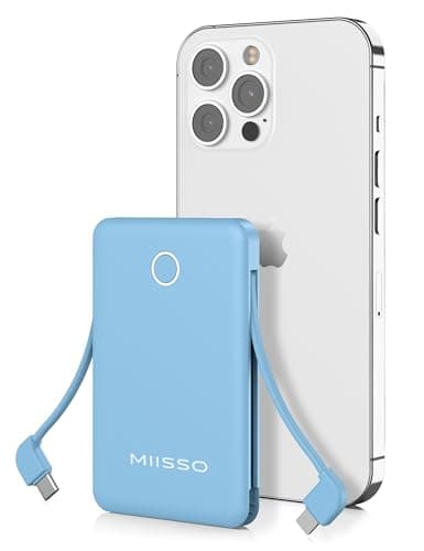 6000mah Ultra Slim Built in Cables Power Bank, Card Size Built in USB C Cords Battery Pack Portable Charger for Phones, 3 Output External Battery Pack Compatible with iPhone, Blue